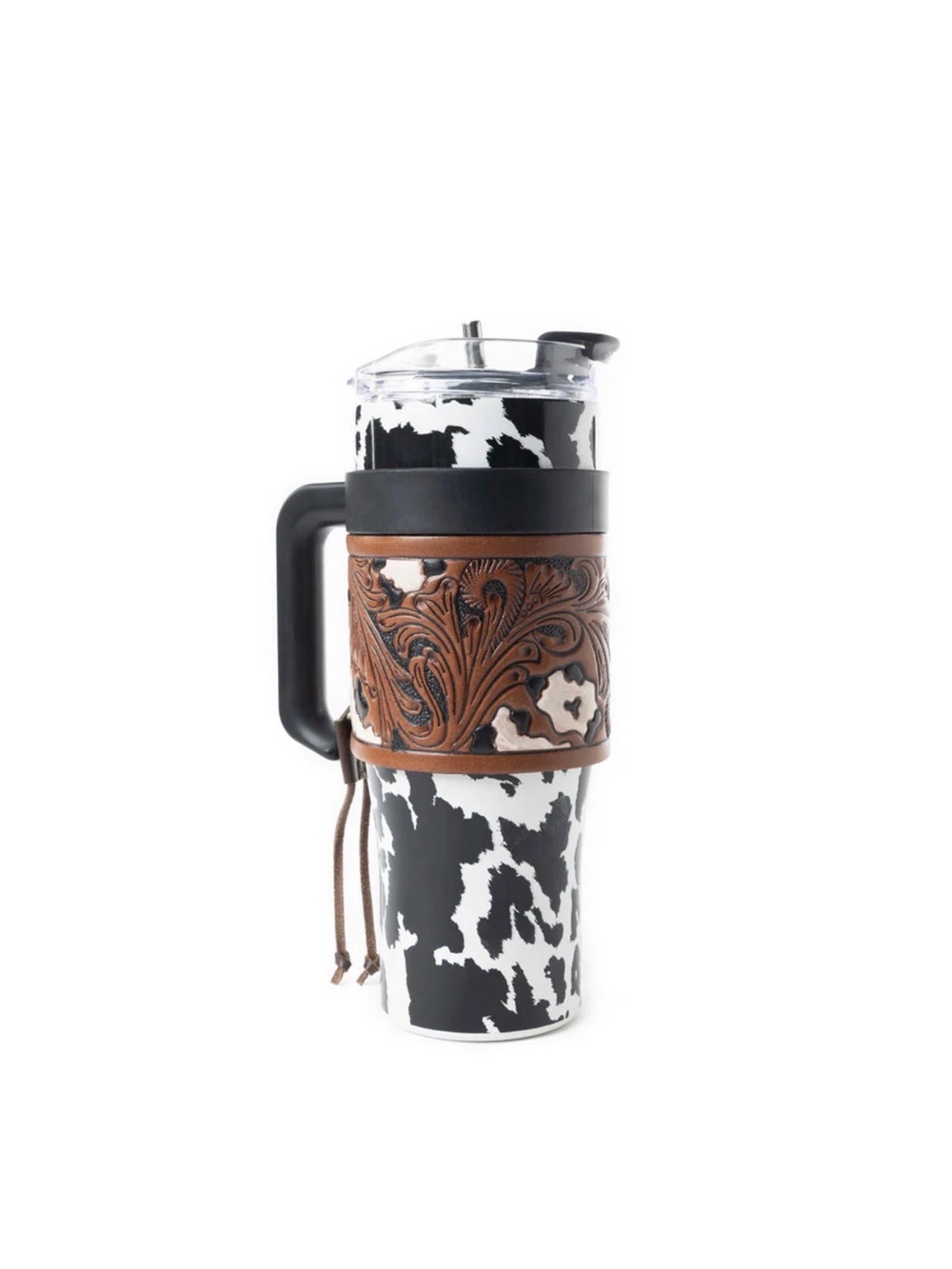 Western Tumbler Cowhide Print Travel Tumbler with Tooled Leather Wrap